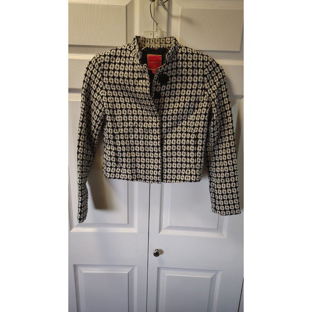 Isaac Mizrahi Black White Tweed Cropped Blazer Jacket Size 4 Geometric Pattern